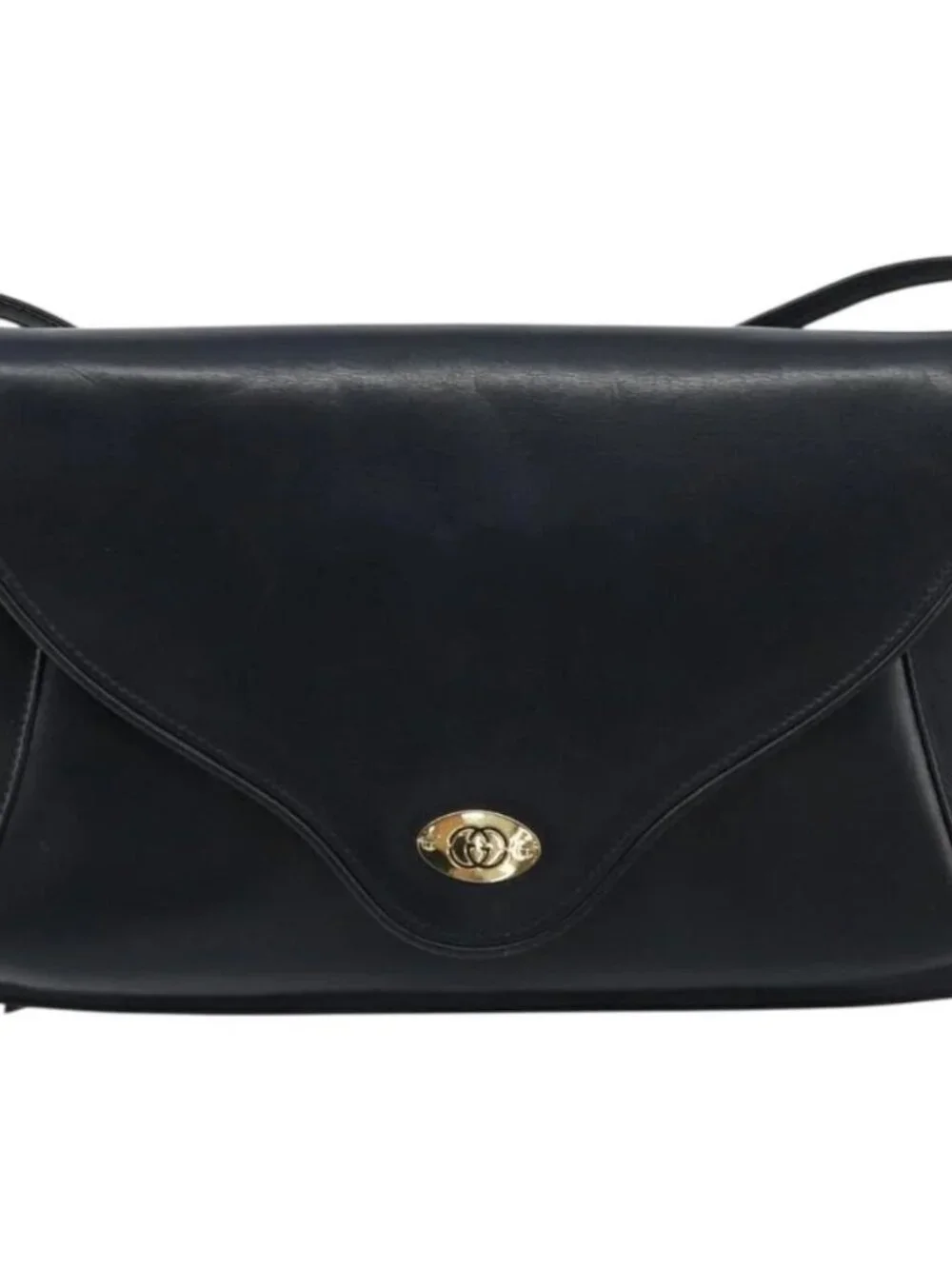 GUCCI Old Shoulder Bag Leather Navy Gold Auth
